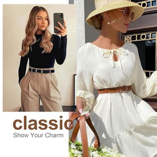 VONMELLI 2 Pack Women's Leather Belts for Jeans Dresses Fashion Gold Buckle Ladies Belt