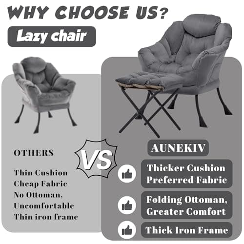Lazy Chair with Ottoman, Comfy Accent Lounge Chair with Side Pocket, Modern Reading Armchair with Footrest, Upholstered Sofa Chair for Small Spaces, Bedroom, Living Room, Dorm, Darkgrey