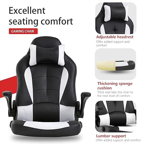 PayLessHere Gaming Chair Desk Chair Gamer Chair Ergonomic Office Chair With Lumbar Support Padded Up Arms Adjustable Headrest Pu Leather High Back Office Chair Gamer Chair For Adults Women Men (White)