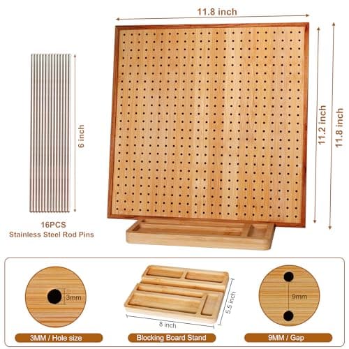 HHSarioneiro 11.8" Crochet Blocking Board with 16 Pins/Pegs, Granny Square Blocking Boards for Crochet Projects, Wooden Crocheting Accessories Gifts for Crocheters