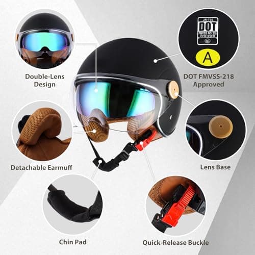Retro Bluetooth 3/4 Open Face Motorcycle Half Helmet for Men Women - Dual Visors DOT Approved Lightweight Vintage Motorbike Helmet for Scooter Moped ATV Street Dirt Bike Commuting