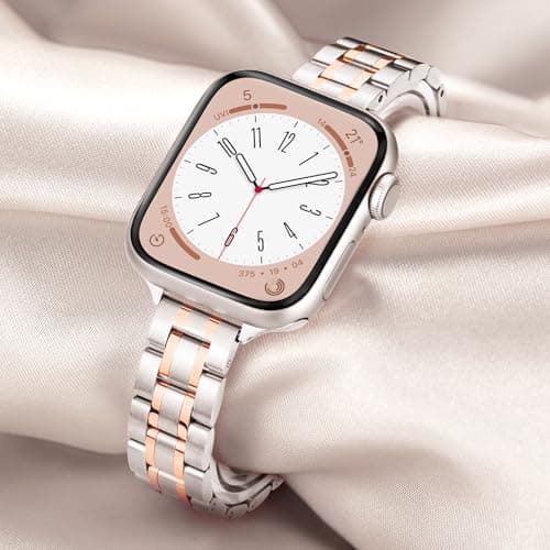 Slim Metal Band for Apple Watch Bands for Women 41mm 40mm 42mm(S10/11) 38mm iWatch Bands, Thin Dressy Fancy Strap for Apple Watch Band Series 10 11 Series 9 8 SE 7 6 5 4 3-Starlight+Rose Gold