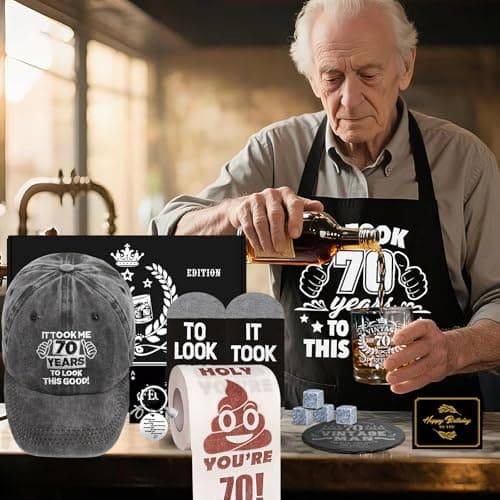 70th Birthday Gifts for Men Whiskey Glass Set, 70th Birthday Party Supplies with 11 Oz Whiskey Glass Coaster Stone Baseball Cap Apron Sock Funny Toilet Paper Keychain for Him, Dad, Husband, Friends
