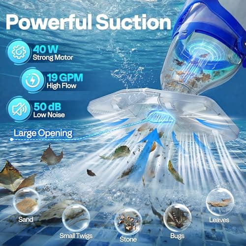 VIVOHOME 1140GPH Handheld Pool Vacuum Cordless Cleaner Powerful 40W Motor Suction Long-Run 75min Battery, 2.6L Visible Filter, Adjustable 8.2FT Pole for Above Ground & In-Ground Pools
