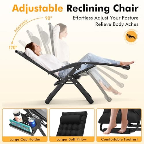 Slendor Oversized Zero Gravity Chairs XXL, 33In Padded Zero Gravity Lounge Chair, Lawn Recliner, Folding Patio Reclining Chair w/Aluminum Alloy Lock, Headrest, Cup Holder, Support 500lbs, Black