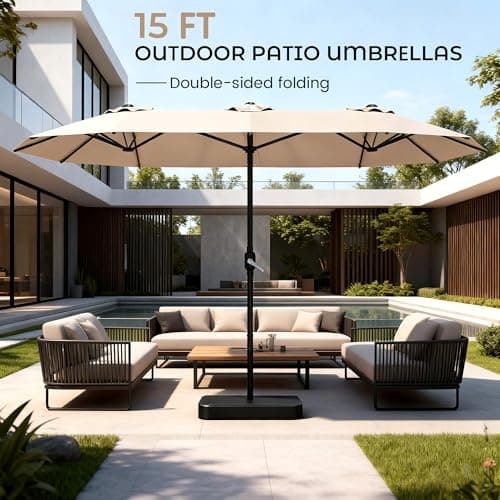 15ft Patio Umbrella with Base,Large Outdoor Double-Sided Rectangle Umbrella with Crank Handle, Market Umbrella for Poolside Garden Deck Backyard Beach Pools, Beige