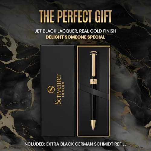 Scriveiner Black Lacquer Ballpoint Pen -Stunning Luxury Pen, Real Gold Plating, Schmidt Black Refill, Best Gift Set for Men & Women, Professional Executive Office, Nice Fancy Designer Pens