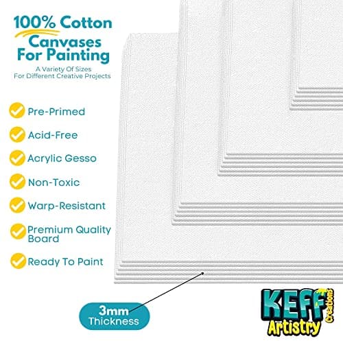 KEFF 24-Pack 𝗣𝗥𝗘𝗠𝗜𝗨𝗠 Canvas for Painting, 6 of 5x7, 8x10, 9x12,11x14 Painting Canvas Boards, Art Supplies for Adults & Kids - 100% Cotton Primed Canvases for Painting Acrylic, Oil, Watercolor B085F4JH1H