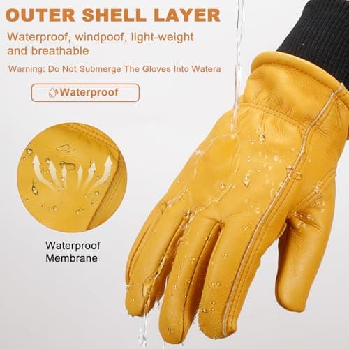 DLY Winter Work Gloves for Men, Water-Resistant, Insulated, Puncture and Abrasion Resistant, Cowhide Leather with Warm Thinsulate Lining for Cold Weather, Large, Yellow, New