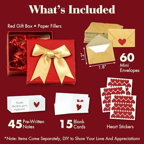 60 Love Notes For Him Her - Anniversary Card Long Distance Relationship Gifts For Boyfriend Girlfriend, Cute Couple Gifts For Valentines, Birthday, Mini Envelope Lunch Notes For Husband Wife