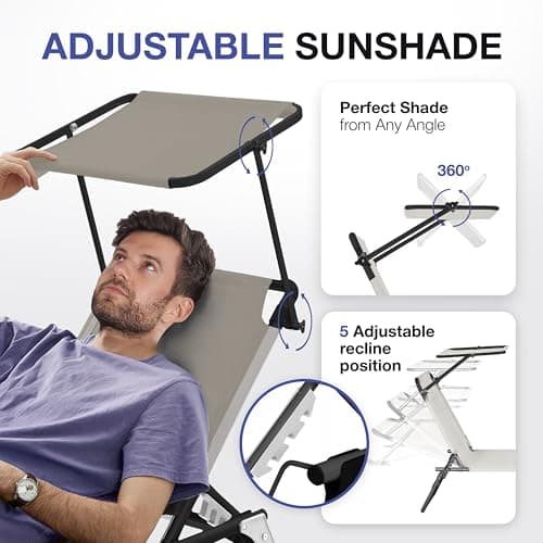 ComfySure Folding Outdoor Lounge Chair Set of 2 with Adjustable Shade Canopy, Portable Sun Tanning Chairs, Gray (1, Taupe)