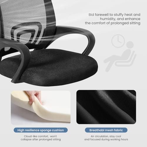 DUMOS Home Office Chair - Ergonomic Mid Back Mesh Desk Chair with Lumbar Support & Rocking Mode, Height Adjustable with Fixed Armrest, for Computer, Gaming, Meeting, 360° Swivel, Black