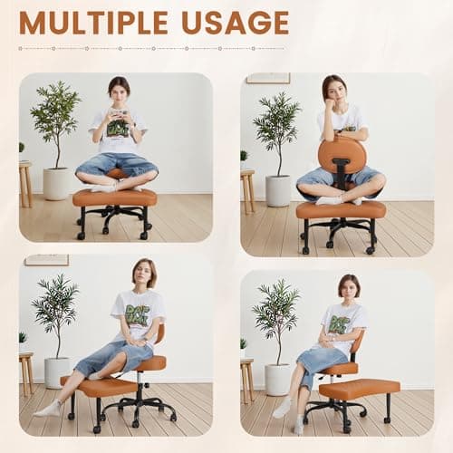 Shahoo Ergonomic Cross Legged Office Chair with Wheels - Adjustable Height Kneeling Meditation Chairs for ADHD, Yoga & Desk Work - Wide Criss Cross Seat with Lumbar Support, (Faux PU,Brown)
