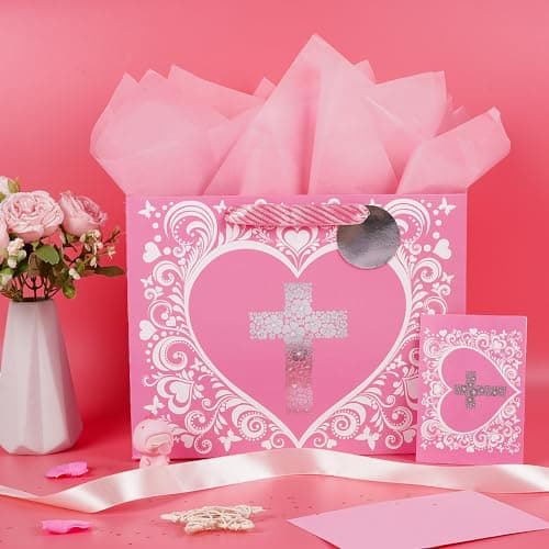 JWSCYSY 12.6" Large Pink Gift Bag with Metallic Silver Floral Cross Design, Card and Tissue Paper for Baby Girl Baptisms, Christenings, First Communions Religious