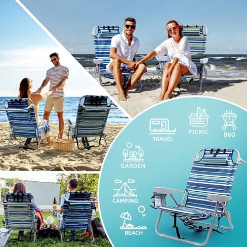 Yestomo Beach Chairs for Adults Heavy Duty, Compact Portable Lay Flat Folding Chair with Backpack Straps and Large Cooler Pouch, Support to 350LBS (Stripes_Blue&Cyan)