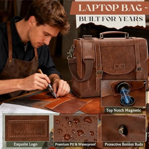 RAINSMORE Flap Messenger Bag for Men Vintage PU Leather Laptop Bag 15.6 Inch Retro Briefcase with Wallet Satchel Computer Bag