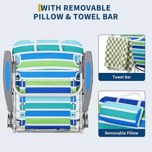 GarveeLife Backpack Beach Chair for Adults 2 Pack, Lightweight Portable Lay Flat Folding Beach Chair with 5 Positions, Backpack Straps, Phone Pocket, Cup Holder & Towel Bar, Support to 350LBS