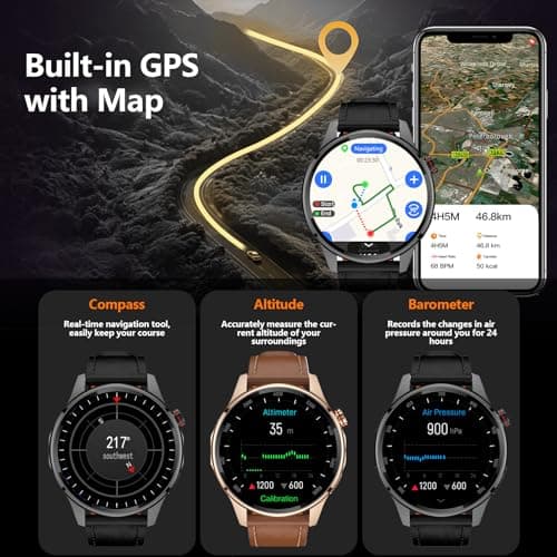 PUBU Smart Watch for Men, Built-in GPS with Map(Answer/Make Call/Text), AI Smartwatch for Android Phones/iPhone, 100+ Sport Mode Fitness Tracker with Health/Sleep Monitor, Compass/Barometer(2 Bands)