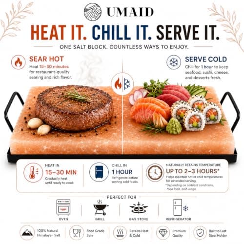 UMAID Himalayan Salt Block Cooking Plate 12x8x1.5 – Food Grade Pink Himalayan Salt Stone for Cooking, Grilling, Serving & Cutting – Includes Steel Tray & Grilling Recipe Booklet – Unique Gifts for Men & Women B07BB6HWT6