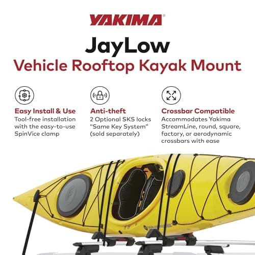 Yakima JayLow J-Cradle Rooftop Kayak Mount for 1 or 2 Kayaks – Car Roof Rack Carrier for Round, Square, Factory or Aerodynamic Crossbars, Holds 1 Boat Up to 80 Pounds or 2 Boats Up to 110 Pounds Total