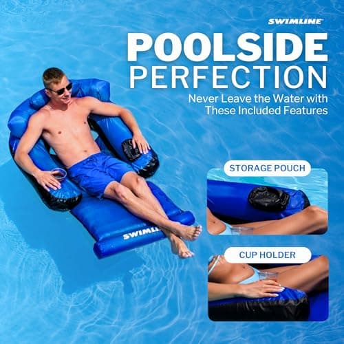 SWIMLINE ORIGINAL Fabric Covered Pool Float Mattress Ultimate Lounger Raft For Adults & Kids | Back, Leg, & Arm Rests, Cup Holder, & Quick-Dry Cover For Adult Or Kid Floating & Lounging 9047