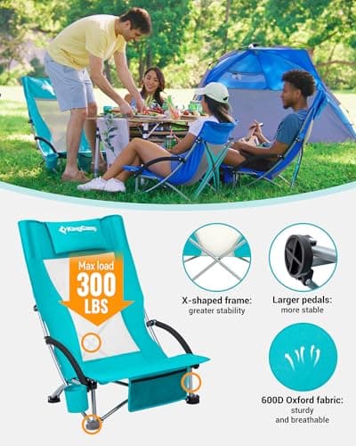 KingCamp Low Beach Chair, High Back Folding Camping Chair for Adults, Oversized Breathable Mesh Seat, 300lbs Heavy Duty Portable Chair with Cup Holder & Storage Pockets for Beach, Outdoor