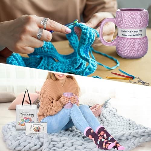 7 Pcs Crochet Knitter Gift Set Humorous Novelty Crochet Mug Mini Hooks Keychain Knitting Loop Ring Makeup Bag Handbag Sock for Women Christmas Beginner Lovers Gifts