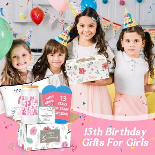 13th Birthday Gifts for Girls – Gift Set for 13 Year Old Girl with Glass, Jewelry, Bracelet, Socks, Makeup Bag – Teen Girl 13th Birthday Decorations – Present for Daughter, Niece, Granddaughter