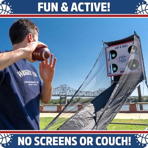 Pop-A-Shot Official Pop-A-Pass Electronic Arcade Style Football Toss Game | 4 Inflatable Mini Footballs | Foldable, Portable, Tote Bag Included