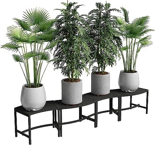 Heavy Duty Curved Fire Pit Bench Set of 4, Metal Outside Seating, Outdoor Steel Backless Benches for Garden, Patio, Porch, Backyard, Plant Stand