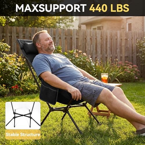 TOBTOS Portable High Back Camping Chair, Support 440 lbs, Ultralight Folding Chair with Head Support, Compact Backpacking Chair for Outdoor Camp Backpacking Fishing (Black)