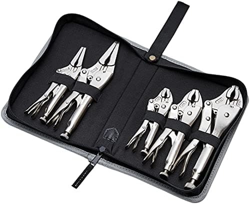 Amazon Basics 5-Piece CR-V Locking Pliers Set with Wire Cutters, 2 Straight Jaw, 3 Curved Jaw, 6.5-10 inch, Silver, Carrying Case