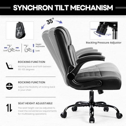 OFIKA Leather Office Desk Chair,Ergonomic Office Chair with Lumbar Support,Computer Chair,Executive Leather Chair with Padded Flip-up Arm,Adjustable Armrests, Black,275LBS