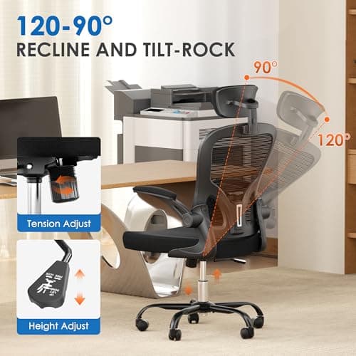Ergonomic Office Chair, 300lbs High Back Breathable Mesh Desk Chair with Lumbar Support, Comfy Gaming Chair with Headrest and Flip-Up Arms, 360° Swivel Computer Task Chair for Home Office, Black