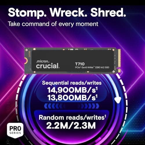 Crucial T710 PCIe Gen5 NVMe 1TB SSD, Up to 14,900 MB/s, Laptop & Desktop Compatible (PC), for Creatives and Hardcore Gamers, Solid State Drive, Includes 1Mo Adobe CC – CT1000T710SSD8-01