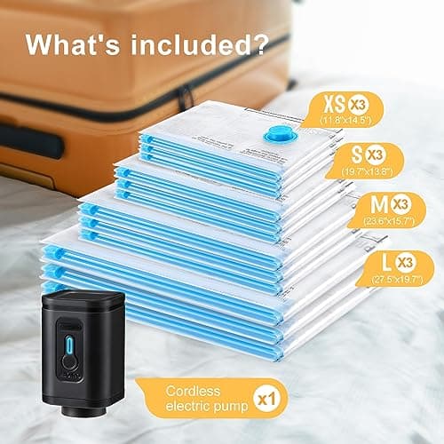 Combo 12 Pack Travel Vacuum Bags with Portable Electric Pump, Space Saver Vacuum Storage Bags for Clothing and Luggage, Travel Essentials