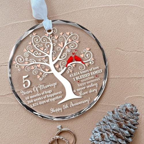 5th Wedding Anniversary Glass Ornament for Couple, Wife, Husband or Parents, Unique Wood Wedding Anniversary Idea, A Meaningful Christmas Decor to Celebrate Five Years of Love