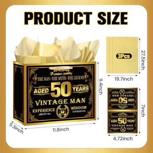 Vintage 50th Birthday Gift Bag for Men with 50th Wrapping Paper and Card Black Gold 1976 Birthday Gift Wrap Treat Bags for Vintage Men Aged 50 Years Old Bday Anniversary Party Supplies Decorations