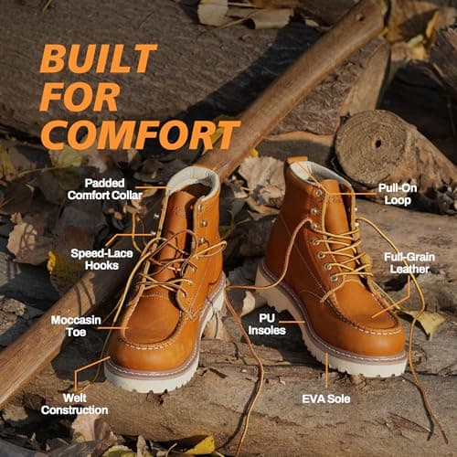 SAFETY LOONG Moc Toe Work Boots for Men Soft Toe Comfortable Full-Grain Leather 6" Non Slip and Water Resistant Safety Ankle Workboots