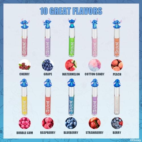 Disney Stitch 10 Piece Plant Based Lip Gloss, Girls Party Favors, First Makeup Set for Girl, Perfect for Parties, Sleepovers, and Birthday Gifts, Ages 3+, by Townley Girl