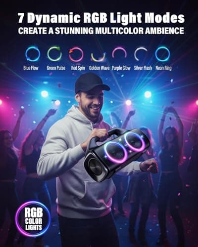 Speakers, 80w (Peak) Portable Wireless Speaker with Lights, Stereo Loud Sound, IP67 Waterproof, Deep Bass Outdoor Speakers Bluetooth 5.3 Dual Pairing for Home Party Beach Camping, Gifts
