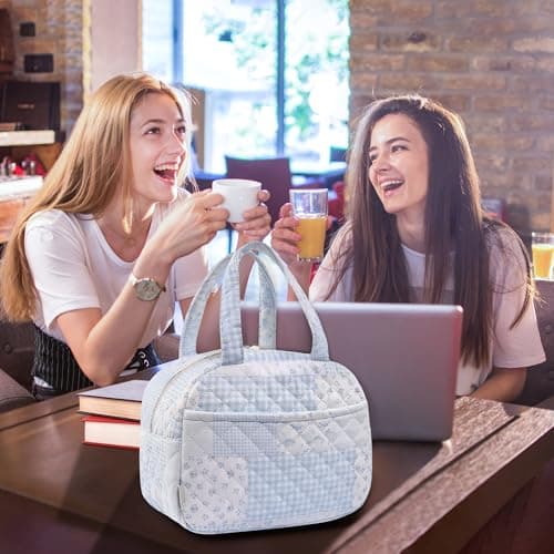 WOBAGMEN Quilted Lunch Box for Women,Lunch Box for Teen Girls,Cute Floral Lunch Bags for Work, School,Office,Picnic,Travel (green blue pin)