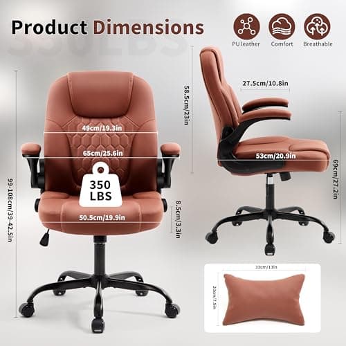 Executive Office Chair PU,Leather Office Chair with Wheels,360° Swivel Rolling Chair with Padded Arms,Ergonomic Computer Chair with Lumbar Support for Short People Use(Brown)