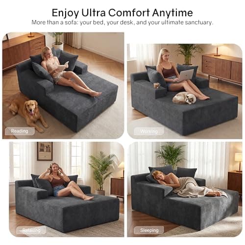 66" Chaise Lounge Chair Indoor, Oversized Boneless Lounge Chair with 3 Pillows, Corduroy Cloud Reading Chair for Living Room Bedroom, Deep Seat Sleeper Couch, No Assembly Required