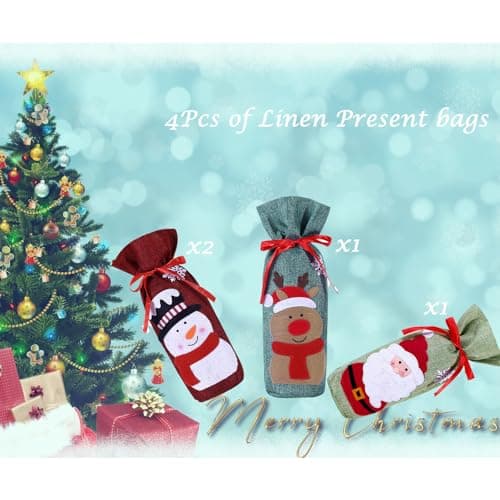 4pcs Christmas Wine Bottle Bags Burlap Wine Bottle Gift Bags with Drawstring, Reusable Santa Claus, Snowman & Reindeer Drawstring Covers for Xmas New Year Party Table Decoration