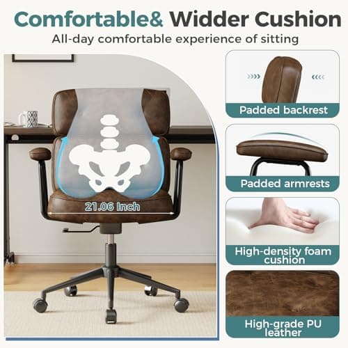 OLIXIS Ergonomic Home Office Desk Chair, PU Leather Computer Chair with Lumbar Support Adjustable Height Rolling Swivel Executive Task Armrests Chair, Modern Brown