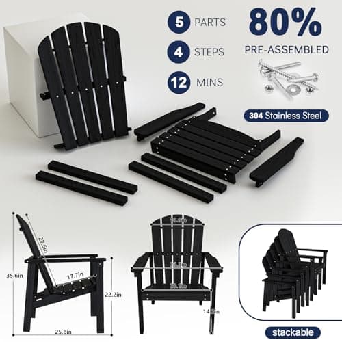 nevilywood Compact Stackable Adirondack Chairs Set of 4, 26.3" Wide HDPE Outdoor Patio Chairs - Durable, Space-Saving Design for Porch, Lawn or Garden, Black