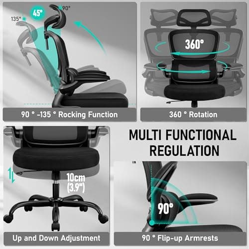 BESTFAIR High Back Ergonomic Office Chair, Breathable Mesh Desk Chair with Lumbar Support, Adjustable Headrest, Flip-up Armrests, Computer Gaming Chair, (Black)