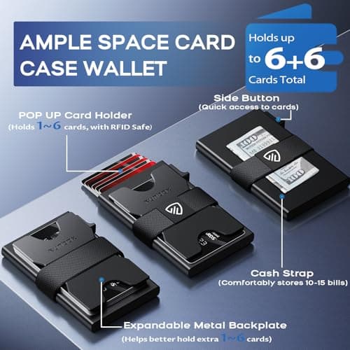 RUNBOX Mens Business Card Holder, Slim Card Wallet for Men and Women, Minimalist RFID Blocking Wallet with Pop-Up Function, Thin Design, Metal Cases Holds 6+6 Cards, Gifts for Men, Men's Accessories