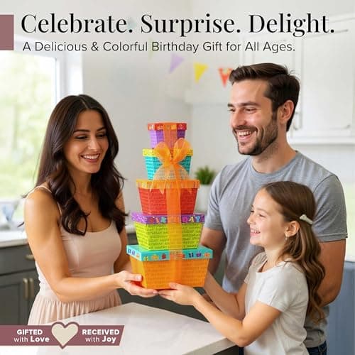 Broadway Basketeers Birthday Gift Basket Tower – Snack Boxes with Gourmet Cookies, Chocolates & Popcorn – Happy Birthday Gifts for Women, Mom, Sister, Friends & Coworkers